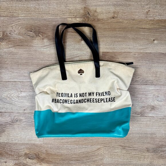 Kate Spade Tequila is Not My Friend Bacon Egg and Cheese Please Purse Tote Teal - Picture 1 of 16